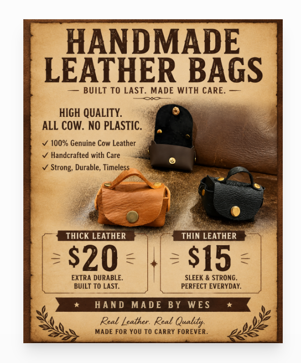 Handmade leather bags poster showing small cow leather bags by Wes with thick and thin leather pricing