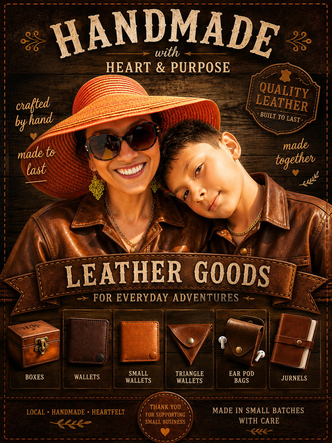 Poster-style artwork for Desiree and Wesley's leather goods, featuring boxes, wallets, triangle wallets, earbud bags, and journals