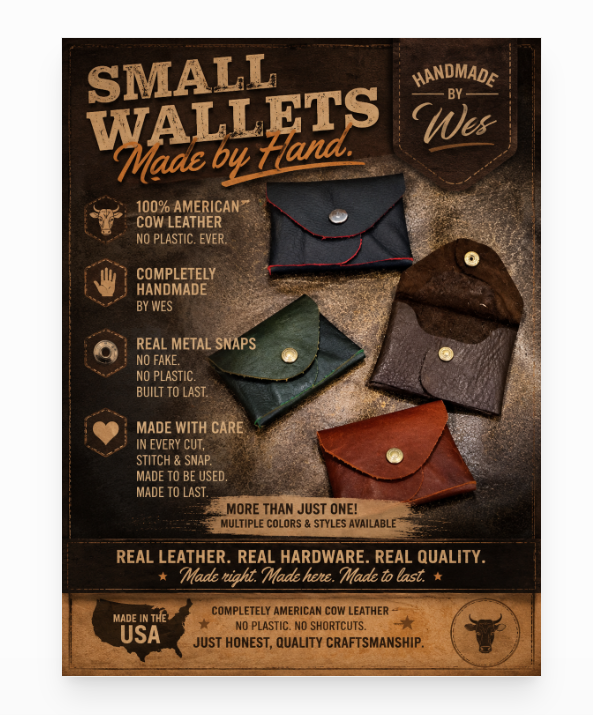Small wallets poster showing handmade leather snap wallets made by Wes in multiple colors and styles