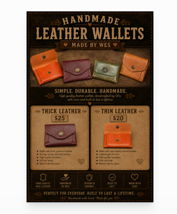 Handmade leather wallets poster showing thick and thin wallets made by Wes with leather pricing